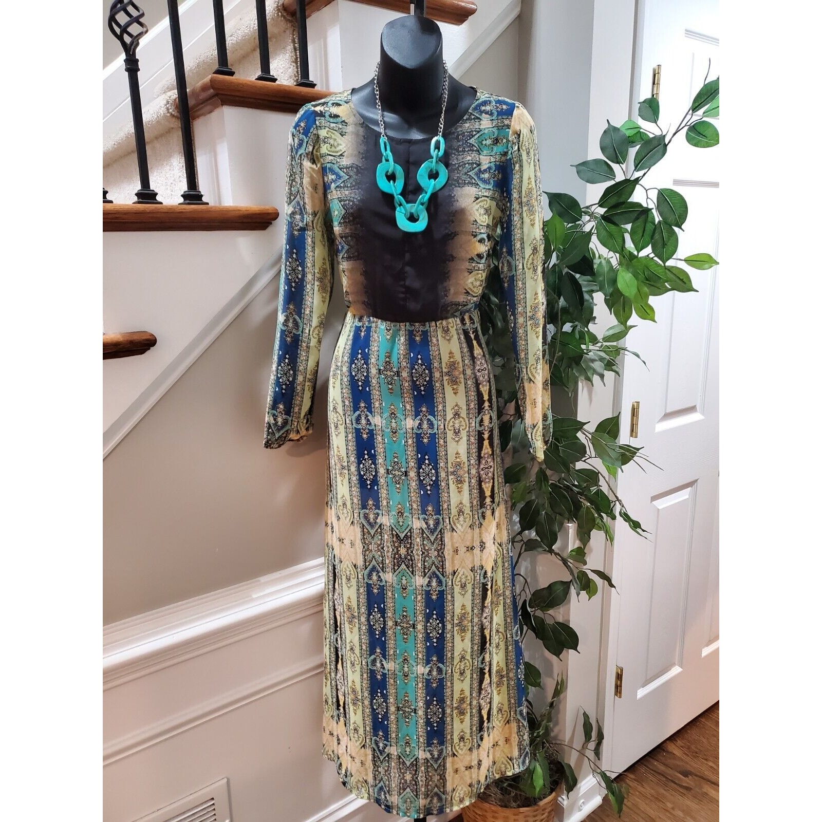 Women's Multicolor Polyester Round Neck Long Sleeve Casual Sheer Maxi Dress Xs
